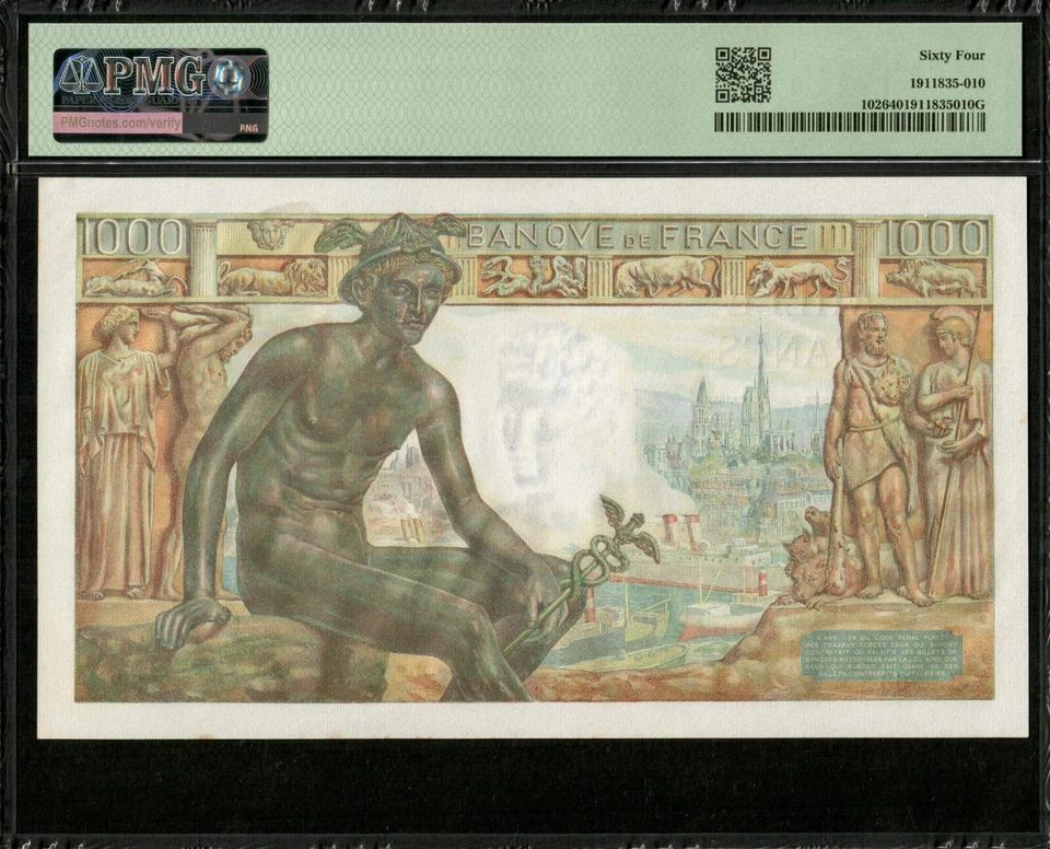 FRANCE - 1000 Francs Demeter 1943 F.40.17 Pick 102 NEW / PMG Choice Unc 64 - Image 2 of 3