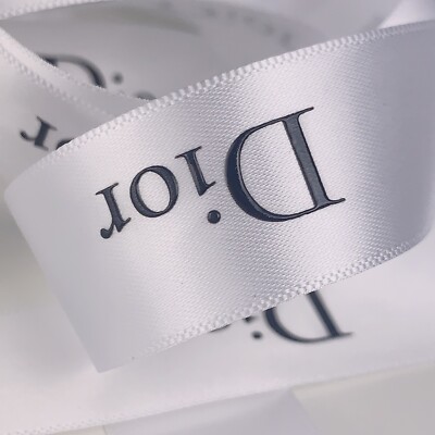 1 Yard of DIOR Holiday Ribbon White Satin w/Grey Logo SOLD BY YARD