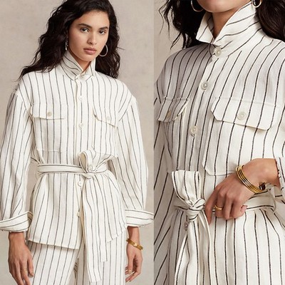 RALPH LAUREN NWT 100% Linen Striped Belted Utility Shirt Jacket Size 4