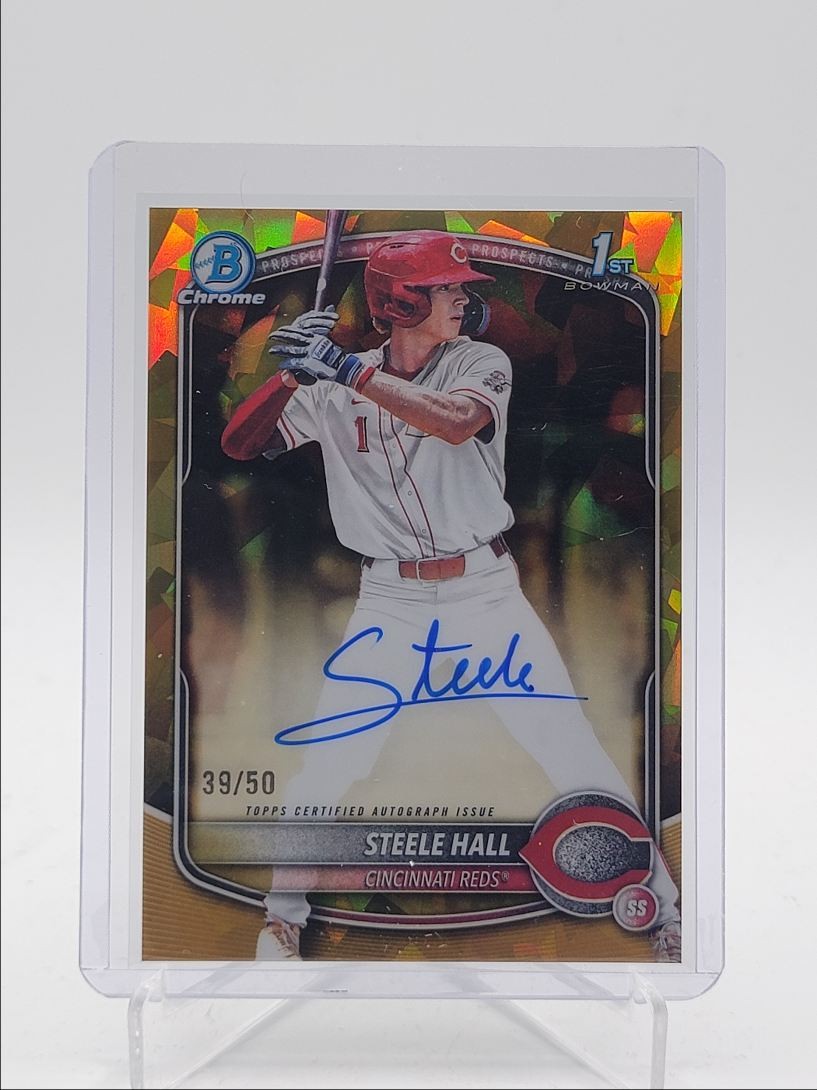 STEELE HALL 2025 BOWMAN CHROME DRAFT SAPPHIRE 1ST GOLD F AUTO /50 Q4874