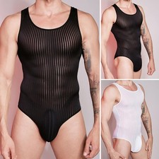 Mens Striped Bikini High Cut Leotard Bodysuit Stretch Wrestling Singlet Jumpsuit
