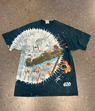 VTG 1997 Star Wars Liquid Blue AOP T-shirt Millennium Falcon Death Star Large
