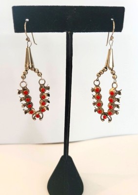 VTG Handmade Sterling Silver & Coral Mini SQUASH BLOSSOM EARRINGS Southwestern