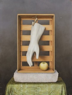 20th CENTURY HUGE FRENCH SURREALIST OIL ON PANEL MONOGRAMMED GLOVE & APPLE