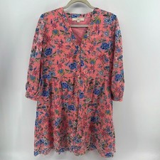 LOFT floral print V-neck 1/2 button up long sleeve tiered eyelet hem dress sz 14