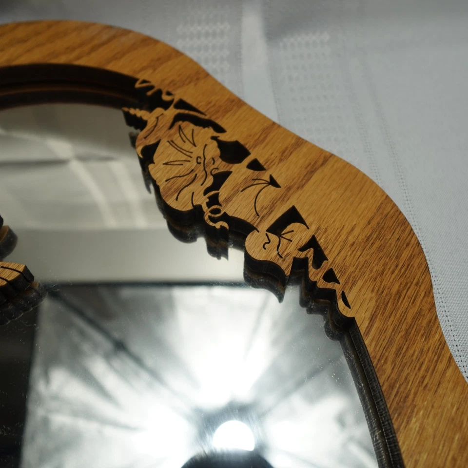 Handmade Scroll Saw Hummingbird Floral Oak Oval Wall Mirror Carved Decor Rustic - Image 4 of 4