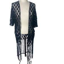 Rebellion Black Crochet Fringe Kimono Cardigan L Cotton Coverup Boho Festival