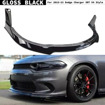 Front Bumper Lip W/ Winglet For Dodge Charger SRT 2015-23 V4 Style Gloss Black