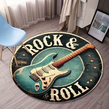 Rock  Roll Guitar Pattern Round Mat - Soft Polyester Non-Slip Rug with Retro De