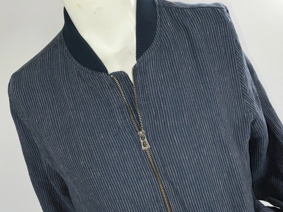 胜家 + 萨金特轰炸机夹克男式 M 海军蓝条纹亚麻全拉链 YGI A4-33 — 第 3/4 张图片