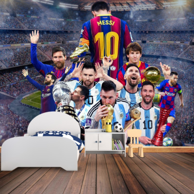 Lionel Messi Wall Mural - Celebrating Football's Greatest Icon with Trophies