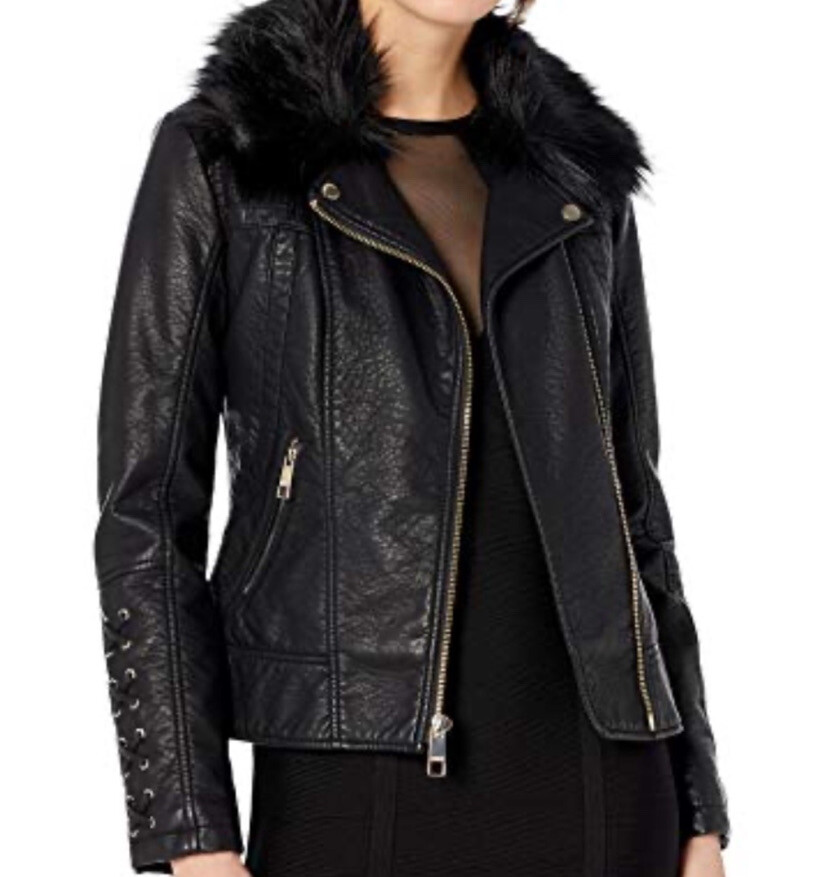 Guess Faux Leather Black Moto Jacket W/ Faux Fur Removable Collar