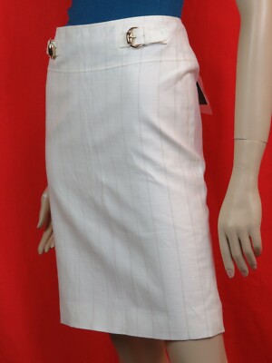 NWT GUCCI 170277 OFF WHITE LINEN STRIPE BELTED 2 X BUCKLE SKIRT 46 $695 ITALY