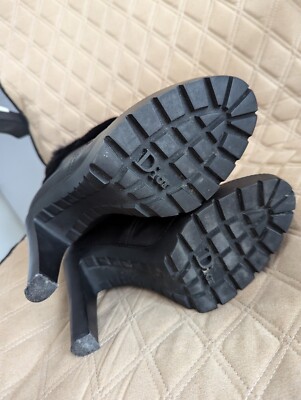 Christian Dior CD Logo Ankle Fur Bootie Leather Heels Boots Black
