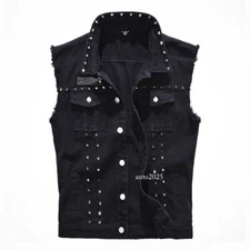 Men Studded   Sleeveless Biker Jacket Waistcoat Punk Casual  Vest