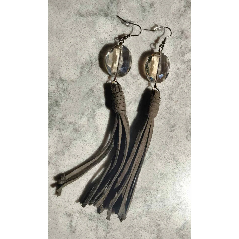 Genuine Leather Fringe Earrings Clear Crystal Gem Western Cowgirl Natural NEW - Изображение 3 из 3