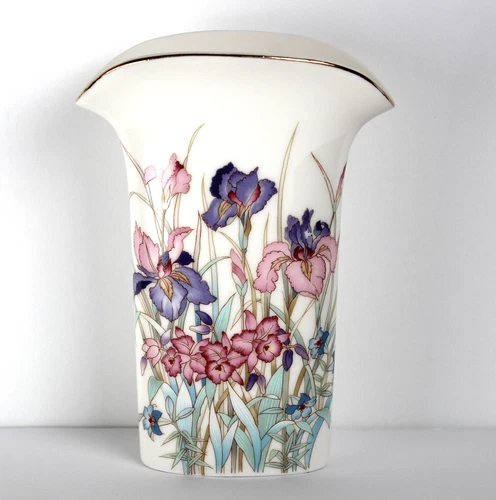 Vintage Ayame Seizan Iris Flower Porcelain Oval Vase