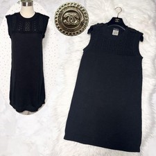 CHANEL Dress Sleeveless Knit Lace Detail Size 34 Black Cotton 81cm Length