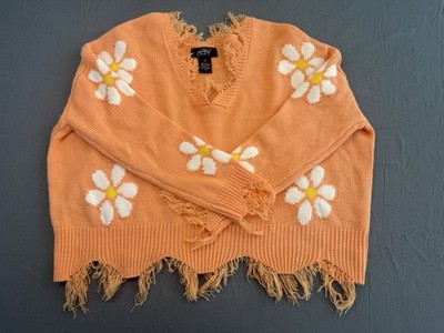 Just Polly New York Sweater Orange V-neck Long Sleeveless Fringe. Size M. A85