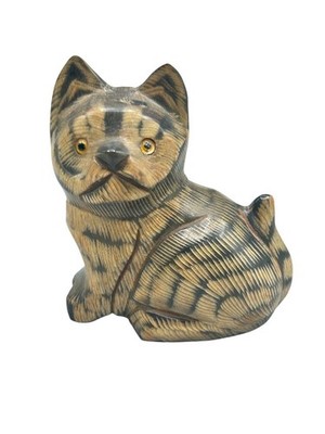 Buffalo Horn Cat Sculpture Hand Carved Hand Painted Kitted Miniature Figurine