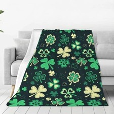St Patricks Day Throw Blanket Warm Cozy Soft Ireland Clovers Flannel Fleece B...