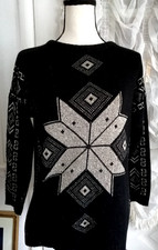 VTG 80s Black Sweater Silver GEOMETRIC Women M USA Made Fancy Gothic