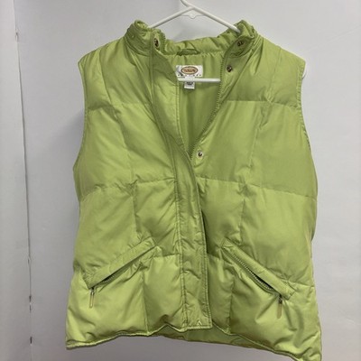 Talbots lime green puffer vest featuring a zip closure with  snap and a hood.