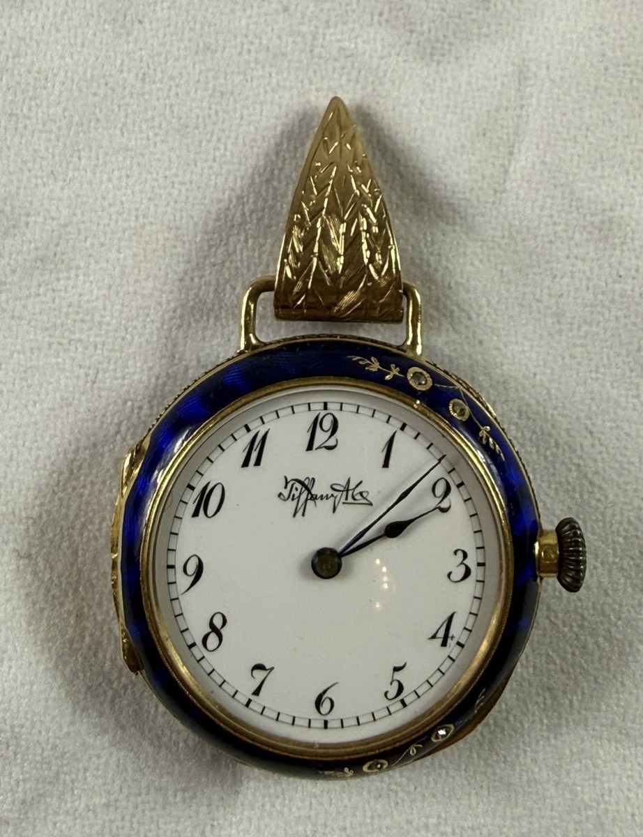 Vintage Tiffany & Co 18k Gold Blue Enamel Old Miner Cut Diamond