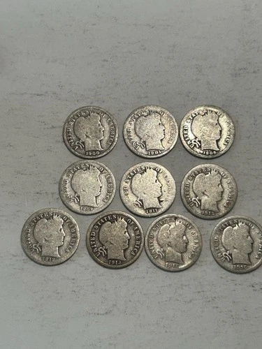 Lot Of 10 Barber Dimes - Various Dates & Mints - 90% Silver