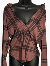 Women s Grunge Burgundy Long Sleeve Button Up...