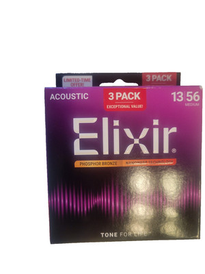 Elixir 3-Pack Phosphor Bronze Acoustic Guitar Strings, Medium 13-56  new
