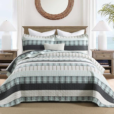 King Cotton Quilt Set Teal Black White Plaid Stripe Bedspread 3 Piece Bedding