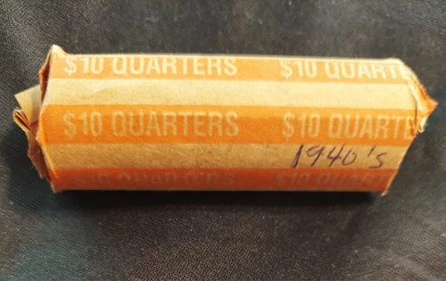 1940s Washington quarters roll of 40, 90% silver circulated, $10 face in tube