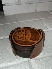 Vintage Leather Coaster Set w/ Holder Etched Corporate Logos- Brown Round