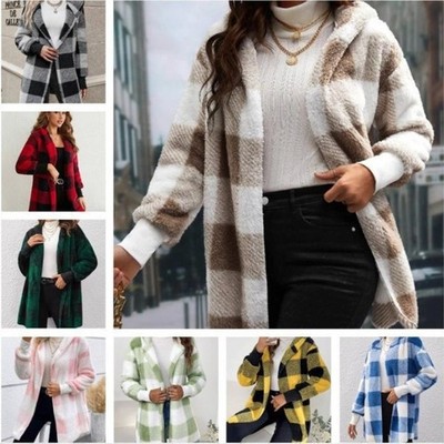 Damen Winterjacke Weich Kariert Kapuze Winter Strickjacke Plüsch Mantel Warme DE
