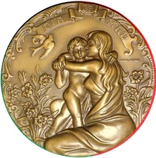 ART NOUVEAU '' MOTHER AND SON '' BRONZE MEDAL BY ANTUNES / 3.9 inches M34