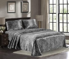 Twin Size Silver Leopard Satin Bed Sheet Set Extra Soft 1800 Microfiber Wrinkle