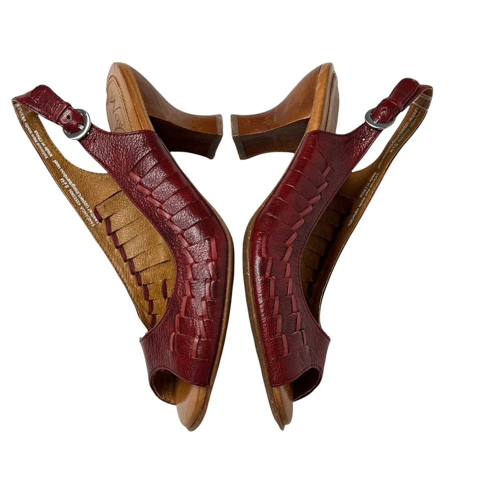 Naya Fandanga Red Leather Peep Toe Sling Back Buckle Bamboo Block Heel Pumps 8.5 - Image 4 of 4