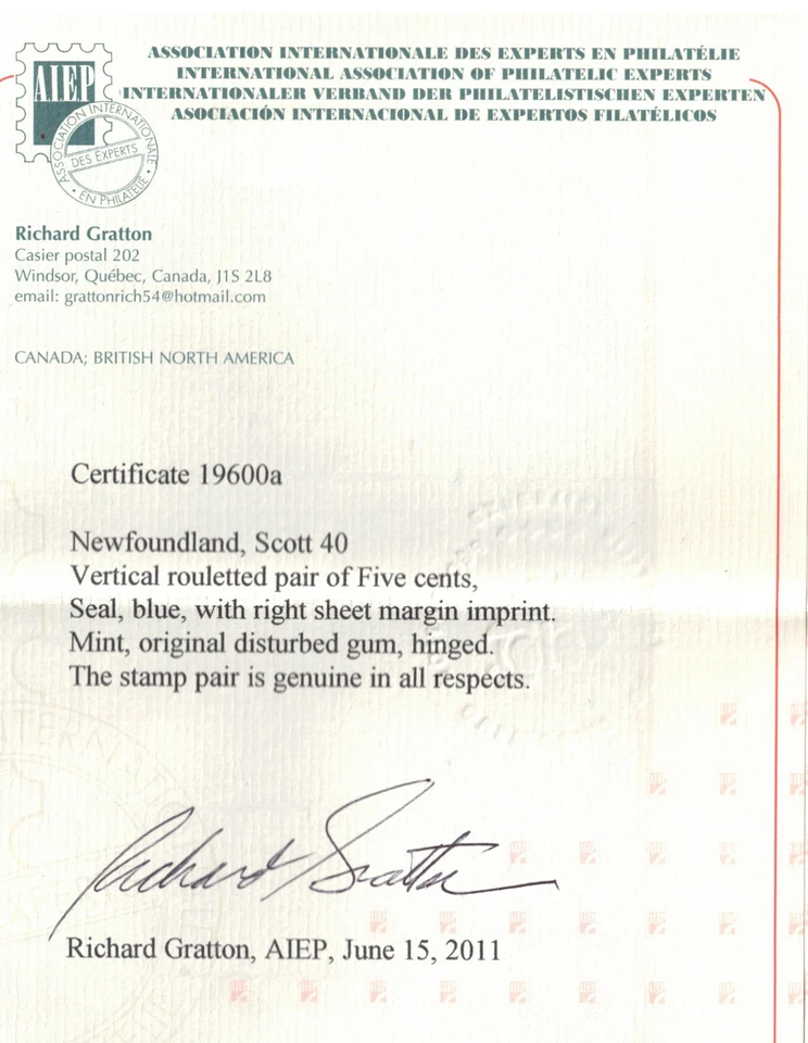 Newfoundland #40 Extra Fine Mint Imprint Pair **With Certificate** - Image 3 of 3