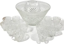 Vintage Anchor Hocking Wexford Glass Punch Bowl, Base 14 Cups Diamond Pattern