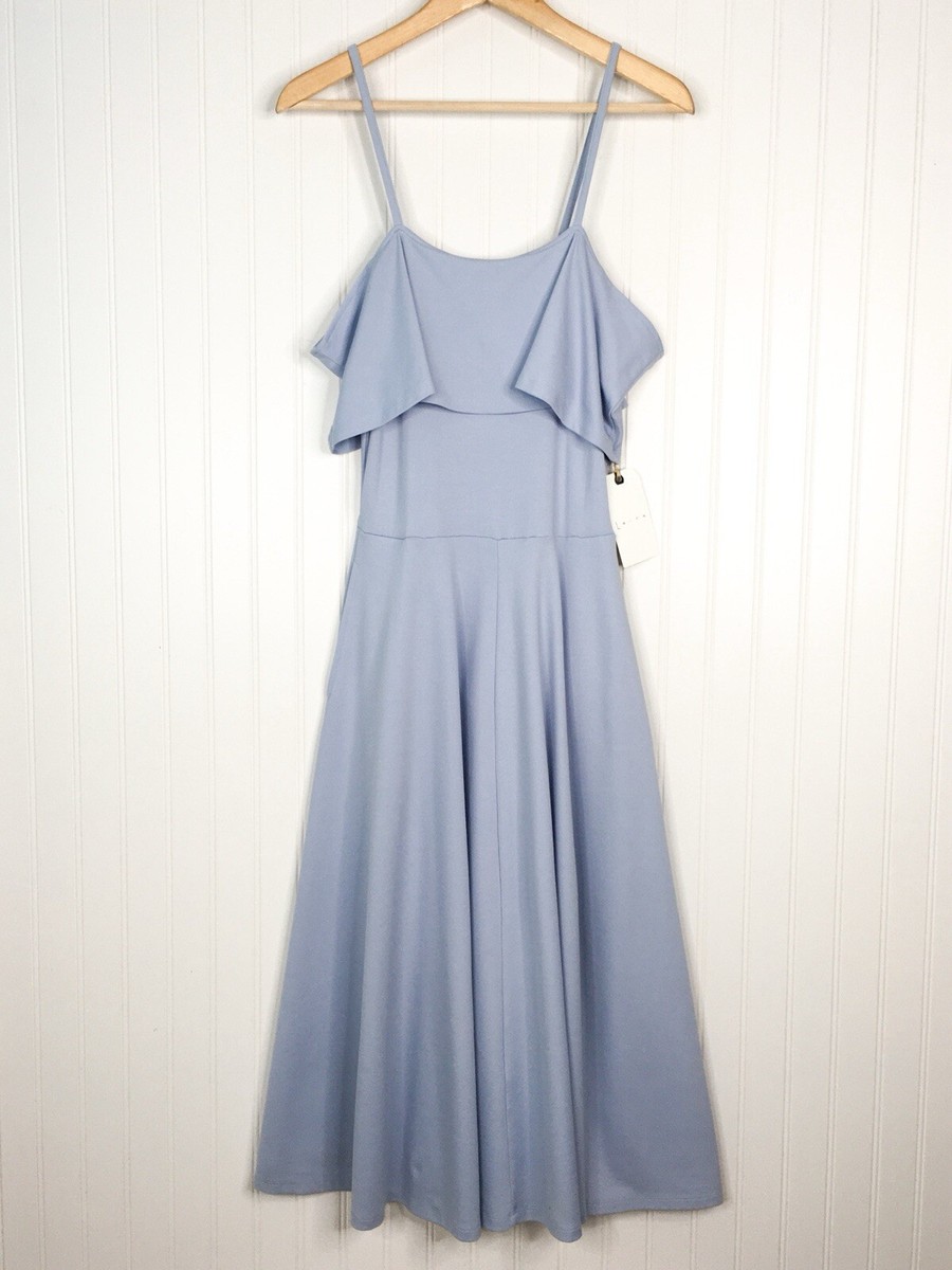 leith midi dress NWT Leith Blue Off Shoulder Midi Dress Spaghetti Strap Aline Medium Pockets