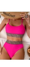 New Pink Leopard Print Mesh Contrast 2 Piece Bikini,High Waisted - Size 12-14 Xl