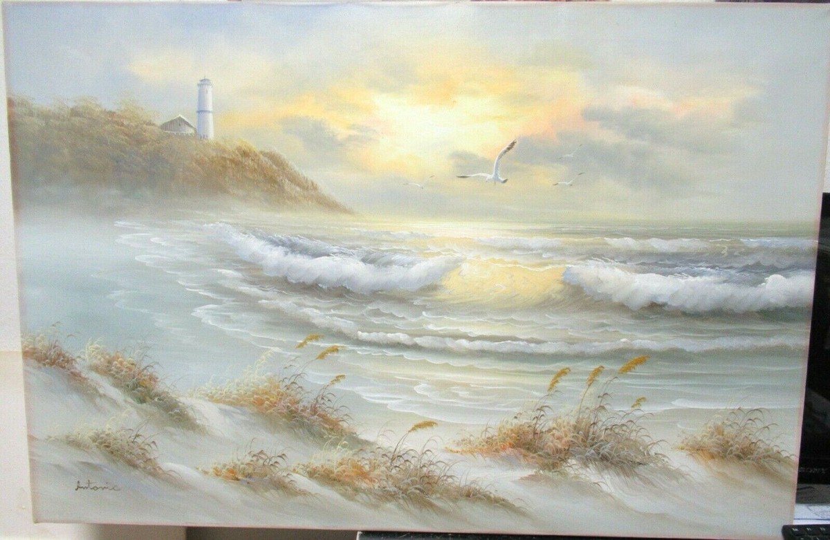 ANTONIO COAST LINE SUNSET LIGHT HOUSE SEASCAPE OIL ON CANVAS