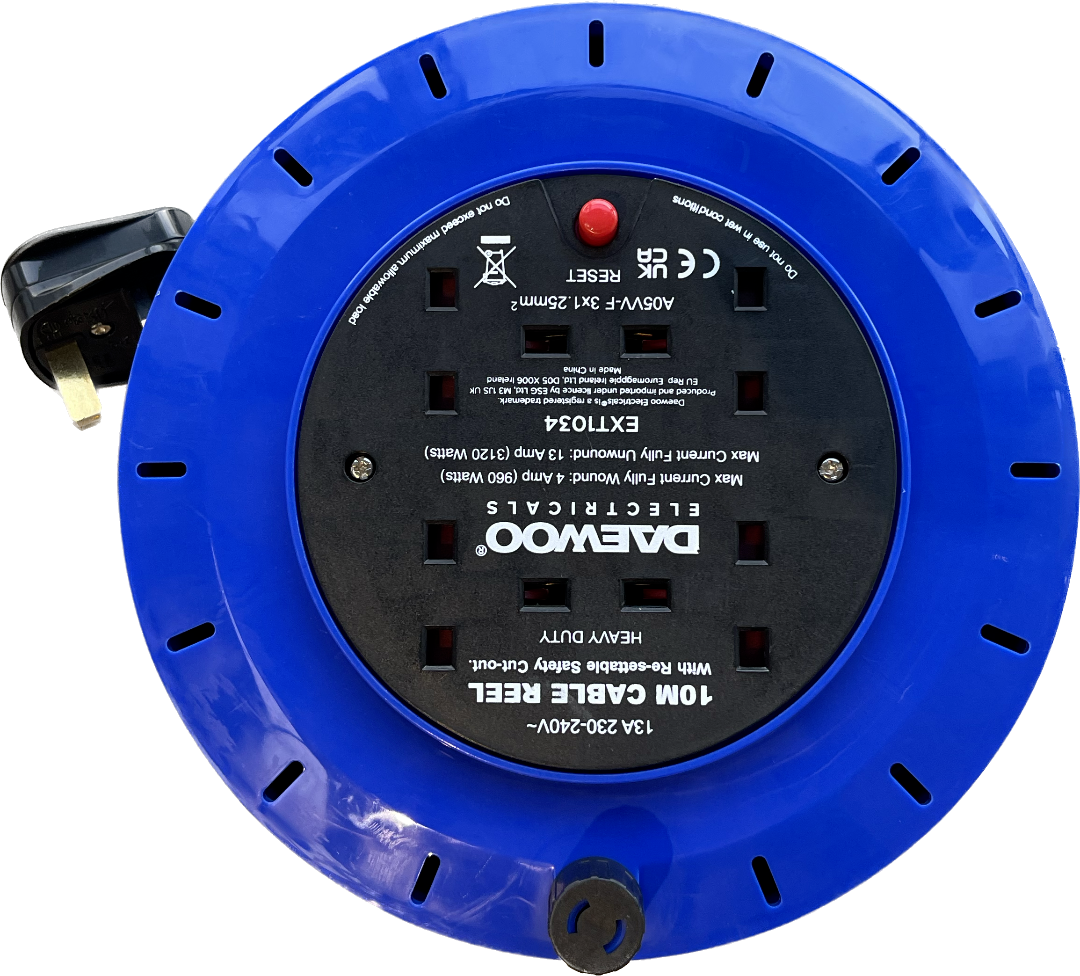 New DAEWOO 10M 4 Way Heavy Duty Extension Cable Reel Lead Mains Socket