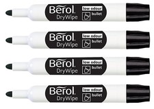 Berol Black Drywipe Marker Pens Bullet Thick Whiteboard Dry Wipe White Board x 4