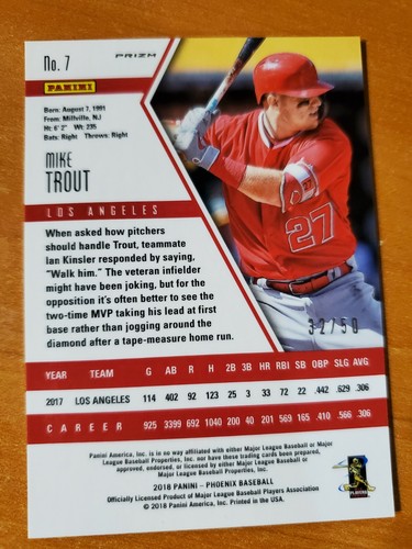 2018 Panini Phoenix Carolina Blue Prizm Mike Trout Card #7 #32/50 - Picture 2 of 3
