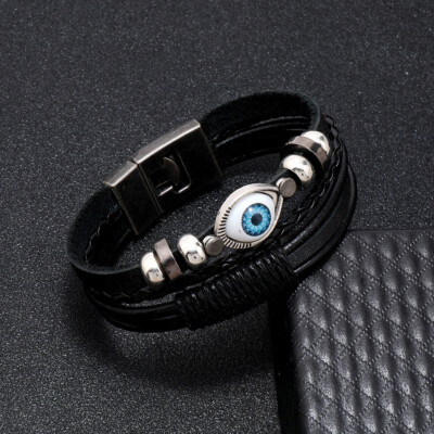 Vintage Braided Bangles Men Punk Evil Eye Multi-Layer Leather