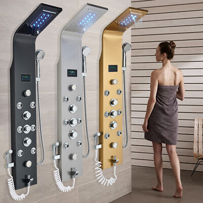 LED Shower Panel Tower Massage System Rain&Waterfall Jets Faucet Stainless Steel