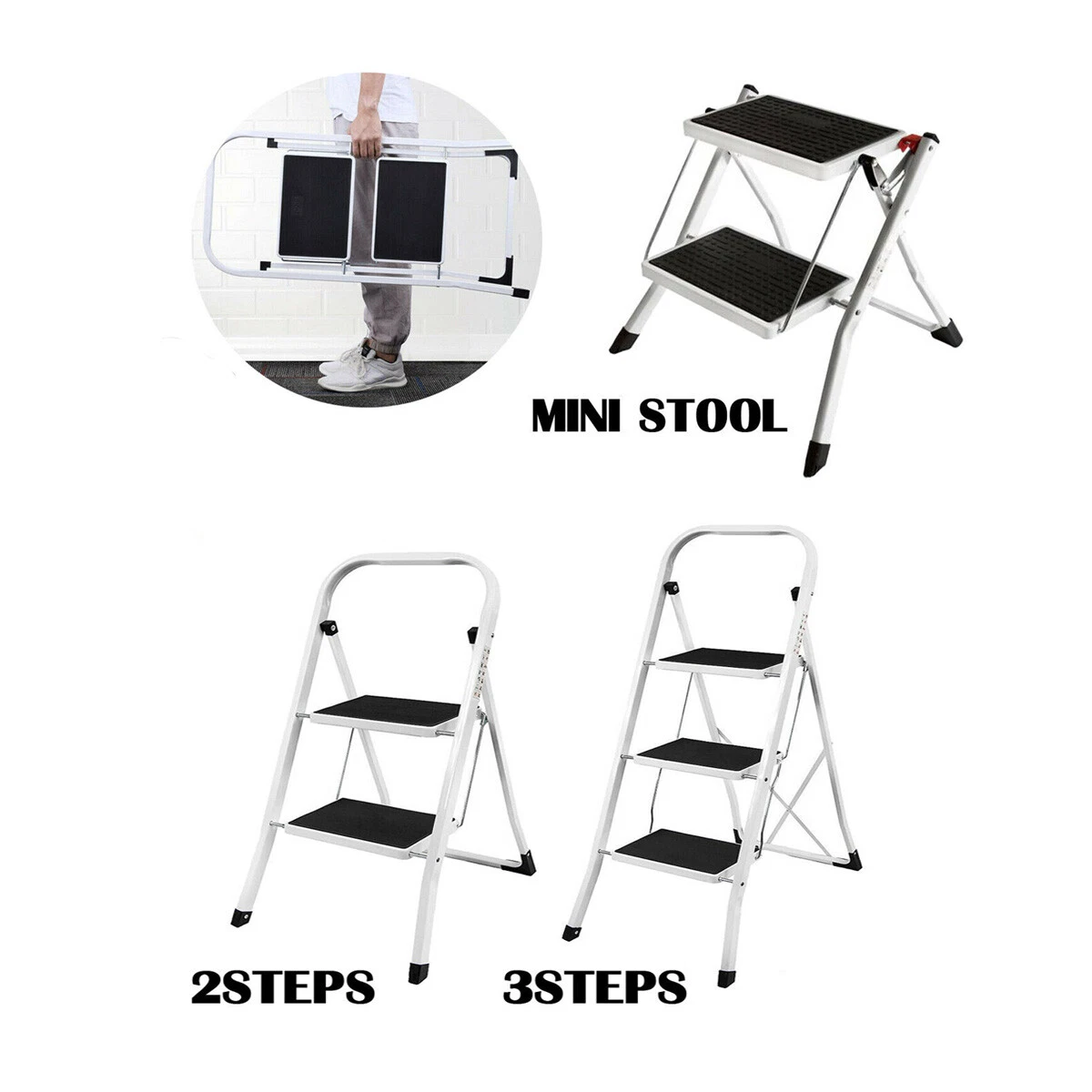 Durable 2 3 Step Ladder Folding Step Stool Anti Slip 330Lbs Load Black White