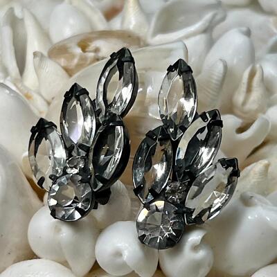Vintage Japanned Metal & Clear Multi Faceted Rhinestone Earrings